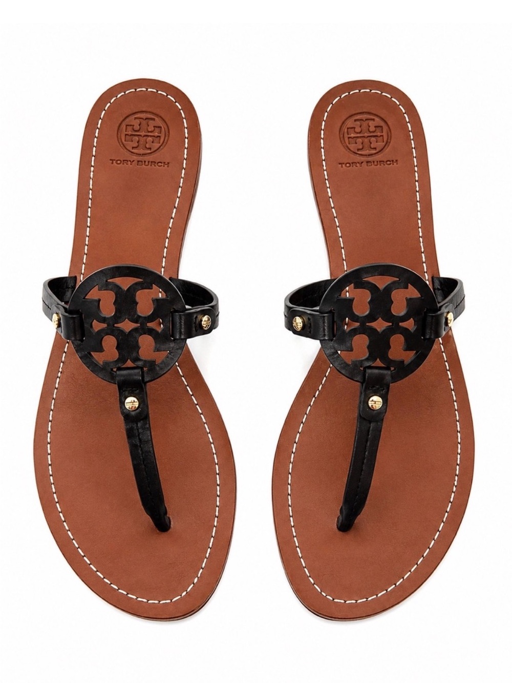 Tory Burch Black and Brown Miller Logo Thong Sandals